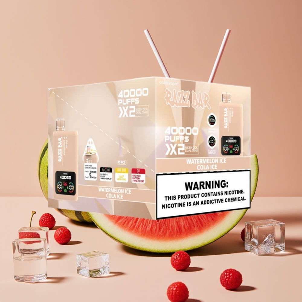 Razz Bar 40000 Puffs Disposable Vape VANNMELON IS & COLA IS med Skjermvisning, Mesh Coil og Type-C Lading