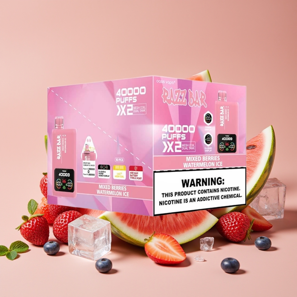 Razz Bar 40000 Puffs Engangsdamp Blandede Bær & Vannmelon Is Strømskjerm 650mAh Type-C