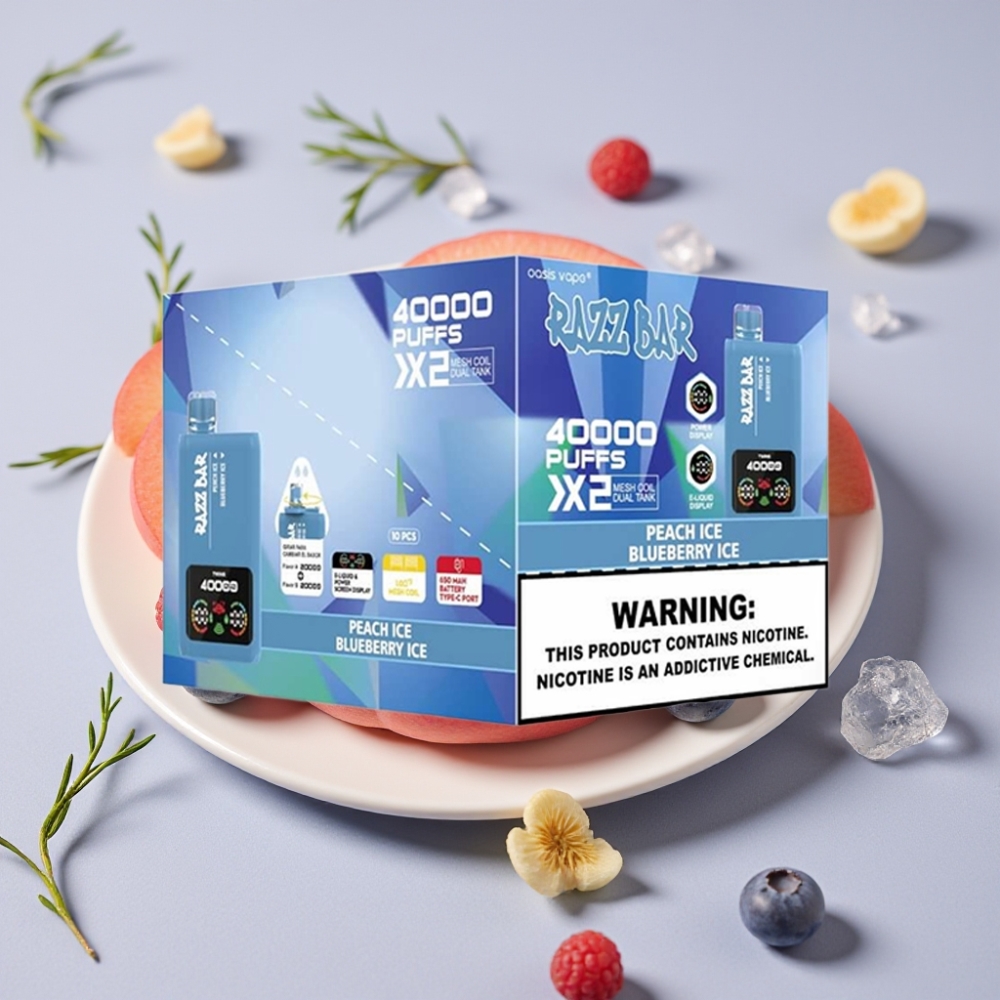 Razz Bar 40000 Puffs Engangsdamp Skjermvisning Fersken Is & Blåbær Is Type-C 650mAh