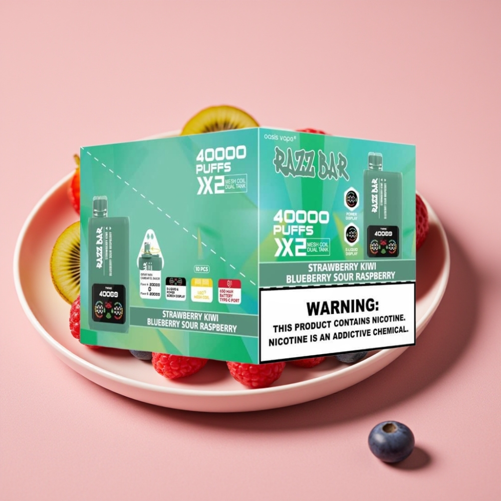 Razz Bar 40000 Puffs Engangsdamp Skjermvisning Jordbær Kiwi & Blåbær Sur Bringebær Type-C 650mAh