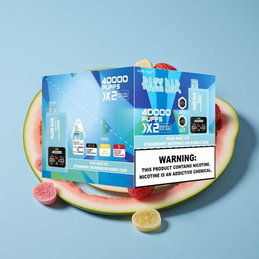Razz Bar 40000 Puffs Skjermdisplay Blå Bringebær Is-Jordbær Vannmelon Tyggis