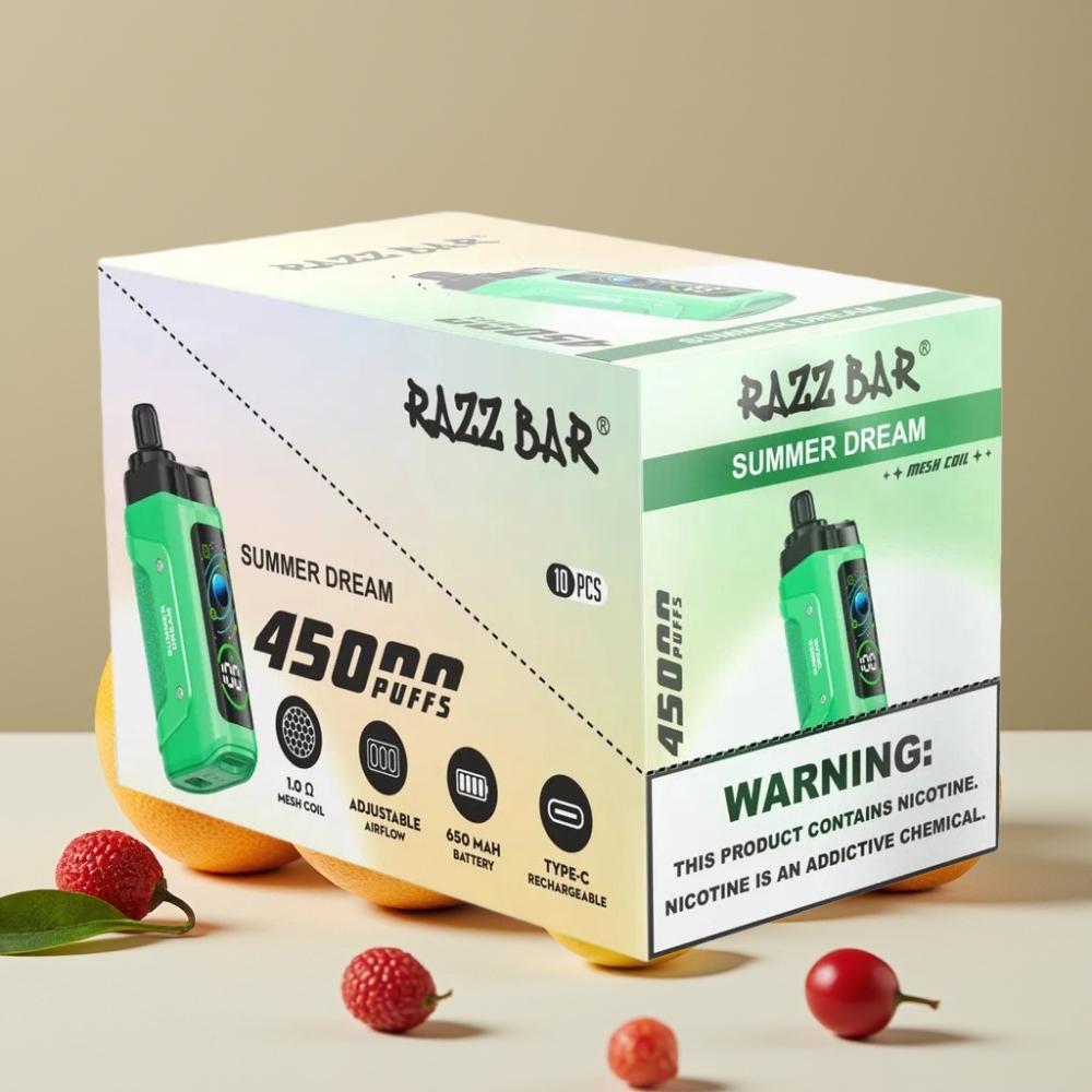 Razz Bar 45000 Puffs Engangsdamp Sommerdrøm Mesh Coil Justerbar Luftstrøm Type-C Lading 20 mg/ml Nikotin