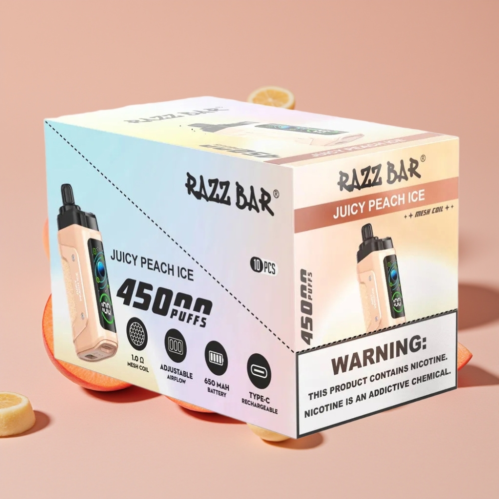 Razz Bar 45000 Puffs Engangsvape Juicy Peach Is Mesh Coil Justerbar Luftstrøm Type-C