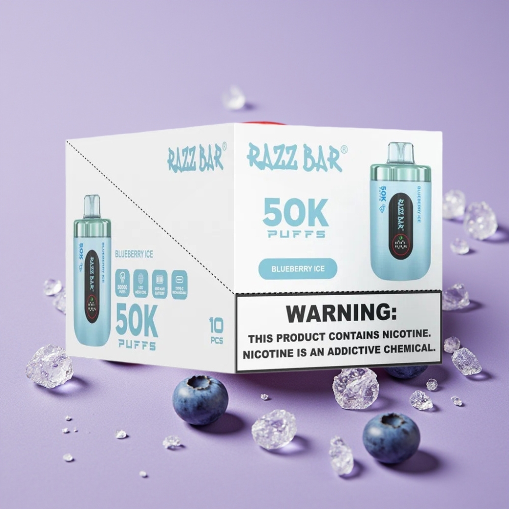 Razz Bar 50K Puffs Engangs Vape Blåbær Is med 650 Mah Batteri og Type-C Lading