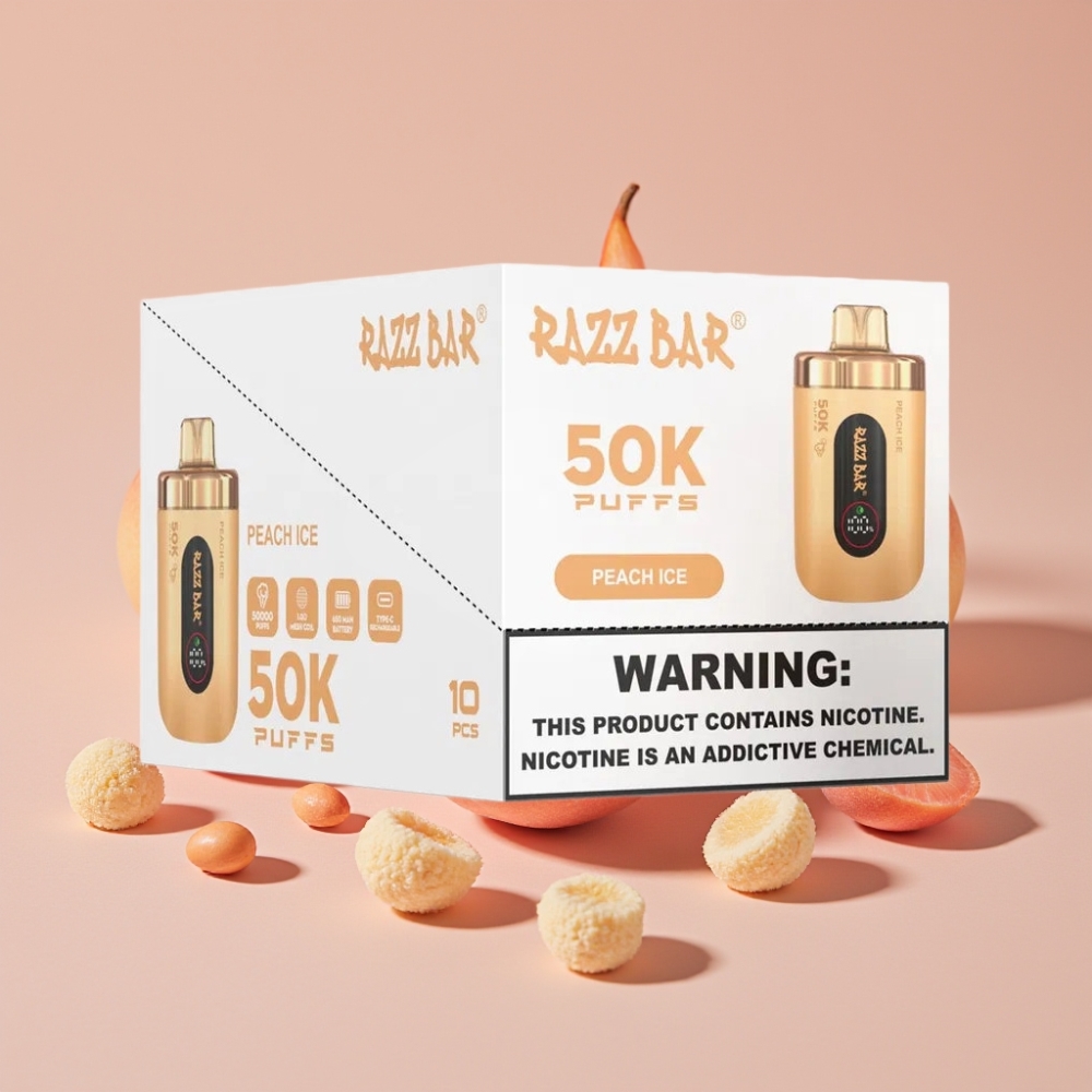 Razz Bar 50K Puffs Engangs Vape Fersken Is med 650 mAh Batteri og Type-C