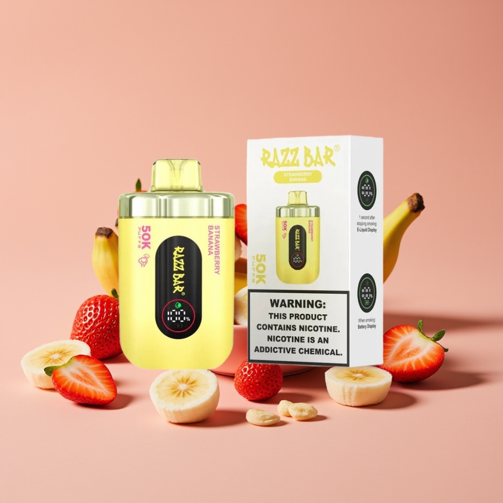 Razz Bar 50K Puffs Engangs Vape Jordbær Banan – 50000 Puffs, 1.0 Ohm Mesh Coil, 650 mAh Batteri, Type-C Lading, 2% Nikotin