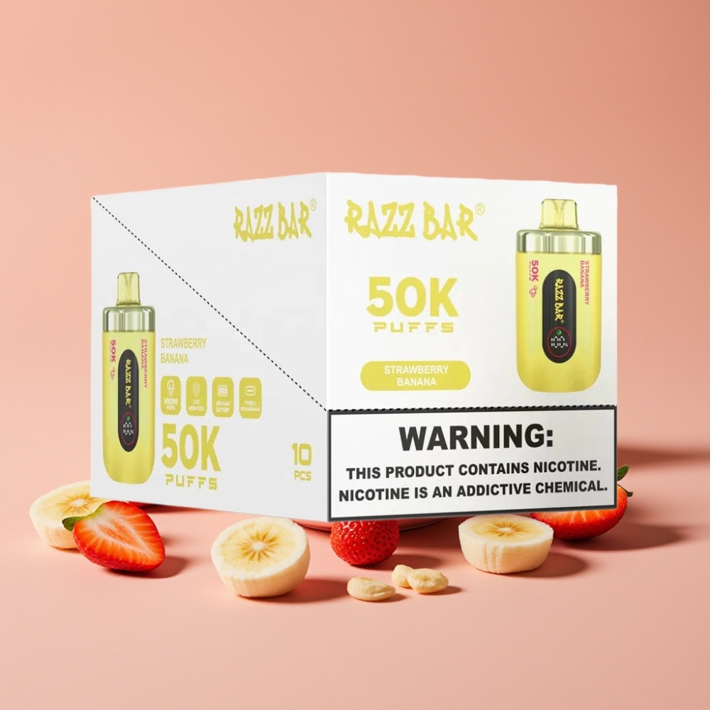 Razz Bar 50K Puffs Engangs Vape Jordbær Banan – 50000 Puffs, 1.0 Ohm Mesh Coil, 650 mAh Batteri, Type-C Lading, 2% Nikotin