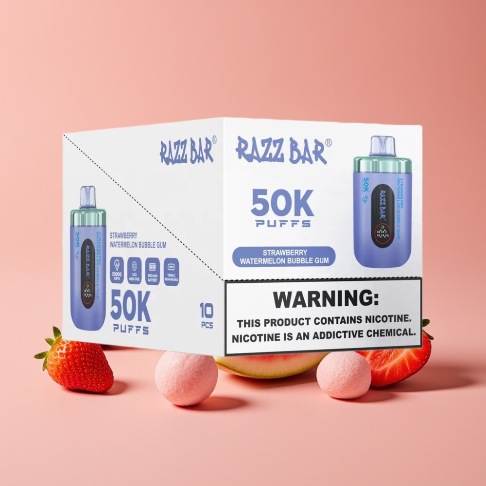 Razz Bar 50K Puffs Engangs Vape Jordbær Vannmelon Tyggegummi Type-C Ladbar 2% Nikotin