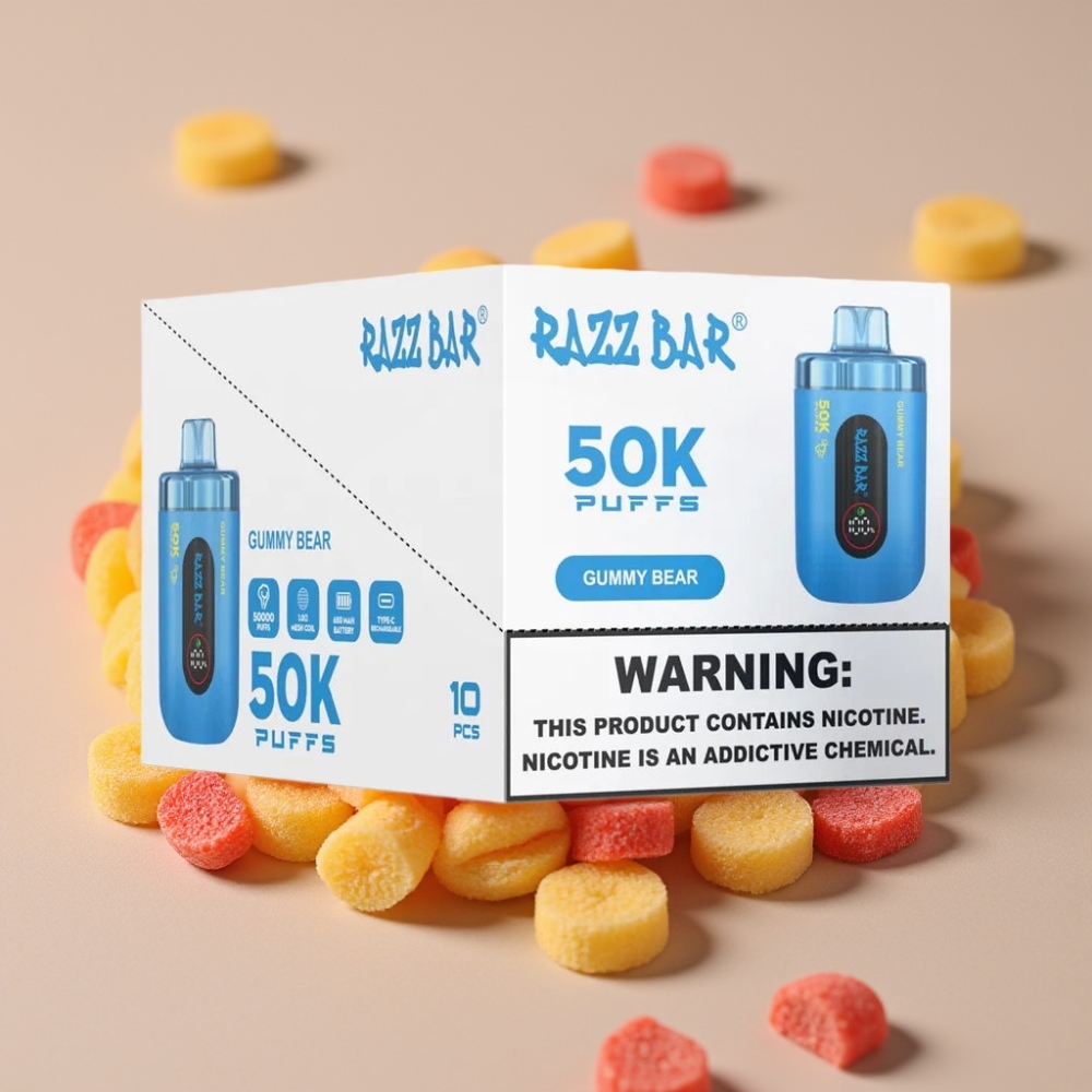 Razz Bar 50K Puffs Engangs Vape Tyggisbjørn Type-C Lader 2% Nikotin