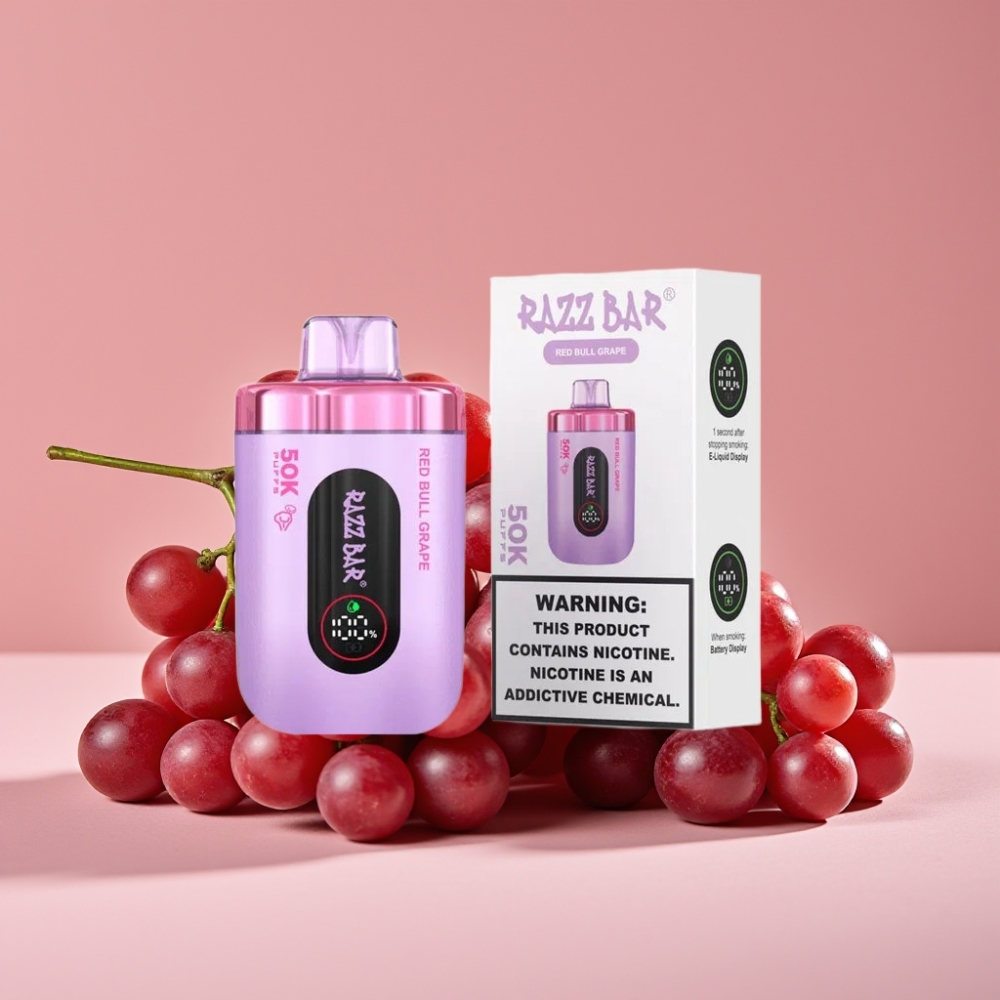 Razz Bar 50K Puffs Engangsvaperød Okse Grape med 1.0 Ohm Mesh Coil og Type-C Lading