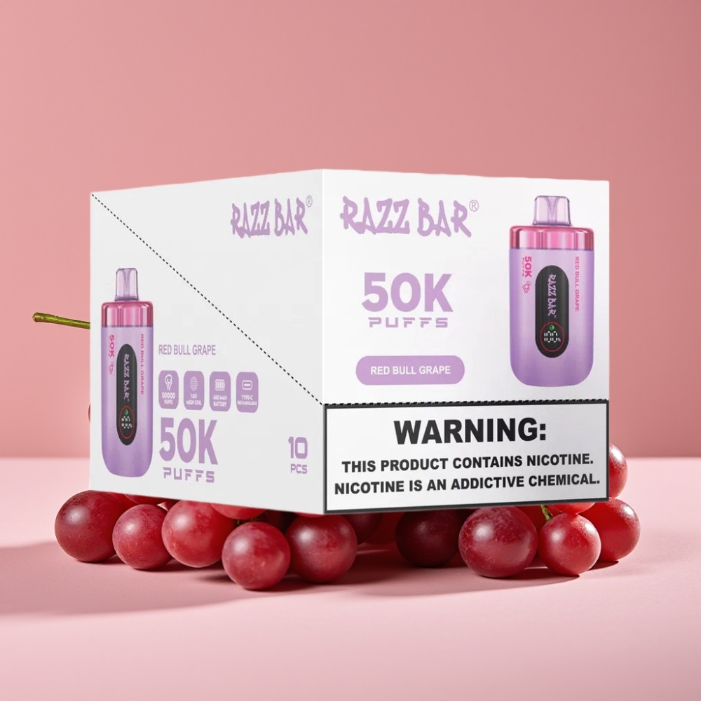 Razz Bar 50K Puffs Engangsvaperød Okse Grape med 1.0 Ohm Mesh Coil og Type-C Lading
